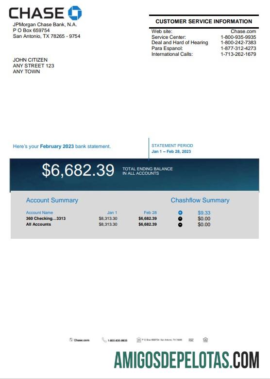 Modelo realista de extrato bancário Chase dos EUA em Word e PDF, versão 2
